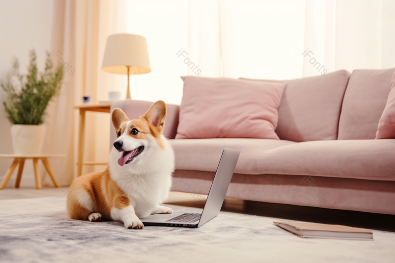 居家可爱电脑办公的小柯基犬,高清,摄影图,摄影图片,图片大全,摄影图免费下载